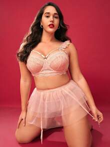 3pcs/Set Women's Babydoll Sexy Kawaii Transparent Lace Mesh Three-Piece Lingerie Set Plus Size, Suitable For Home Use - Pink - View 4