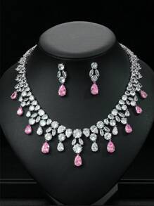 1 set/3 pièces Collier et boucles d'oreilles en zircone cubique de cuivre de mode européenne et américaine pour mariage ou soirée, bijoux haut de gamme avec décoration en goutte d'eau pour vêtements festivaliers femmes
