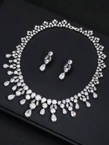1 set/3 pièces Collier et boucles d'oreilles en zircone cubique de cuivre de mode européenne et américaine pour mariage ou soirée, bijoux haut de gamme avec décoration en goutte d'eau pour vêtements festivaliers femmes