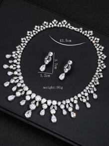 1 set/3 pièces Collier et boucles d'oreilles en zircone cubique de cuivre de mode européenne et américaine pour mariage ou soirée, bijoux haut de gamme avec décoration en goutte d'eau pour vêtements festivaliers femmes