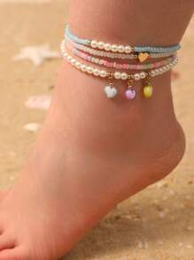 4pcs/Set Girls' Heart & Pearl Beaded Anklet Set, Suitable For Daily Decoration - Multicolor - View 1