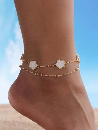 1pc Summer Beach Style Sweet Clover Shaped Double Layer Anklet, Fashion Women Vacation Gift (The Number Of Beads On The Second Layer Is Random, Some Black Ones Need To Be Peeled) Valentines