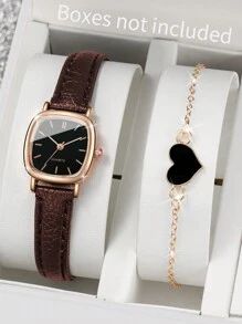 Women's Leather Strap Square Dial Quartz Watch With Simple Scale Design + Bracelet (2pcs/Set) As A Gift For Students Returning To School