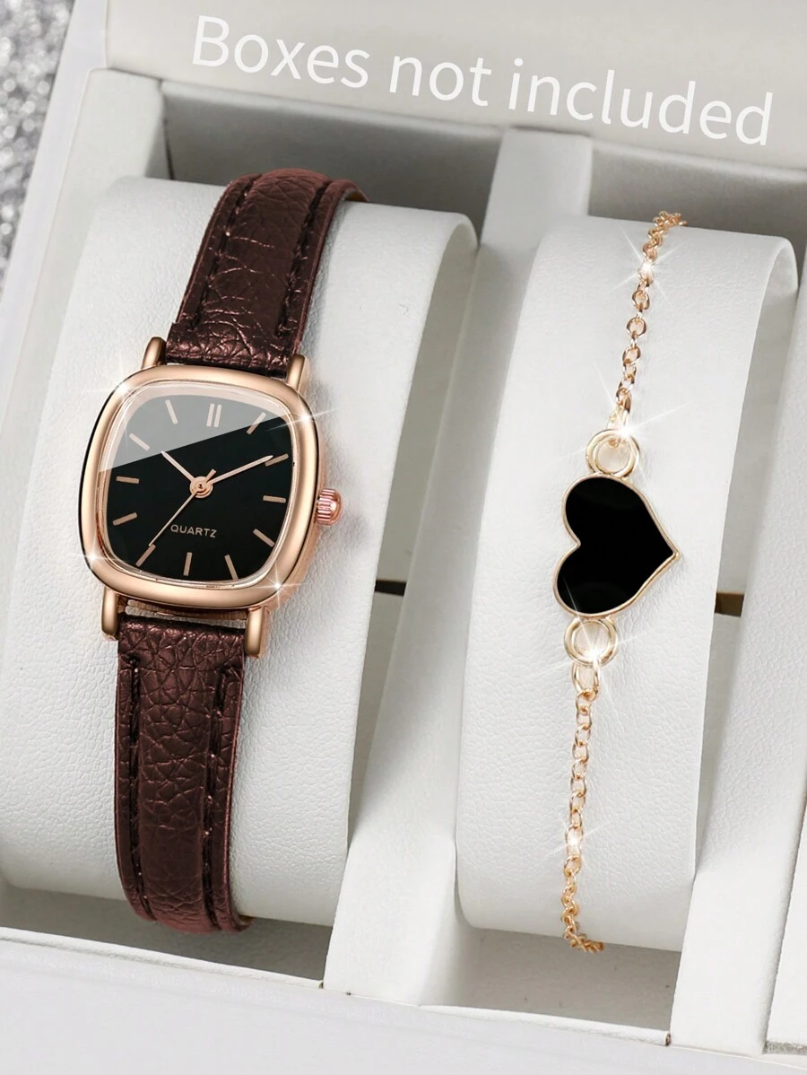 Women's Leather Strap Square Dial Quartz Watch With Simple Scale Design + Bracelet (2pcs/Set) As A Gift For Students Returning To School