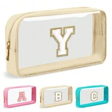 Personalized Initial Letter Clear Makeup Bag, Preppy Small Nylon&PVC Cosmetic Zipper Bag With Chenille Letter, Portable Beach Travel Skincare Toiletry Bag,Fashionable Monogram Gift For Teen Girls Women,Transparent Organizer Pouch For Travel Back To School Bathroom Dorm Essentials For Makeup Tools Makeup Bags Makeup Organizer Make Up Organizer Makeup Storage Make Up Bag - Beige - View 27