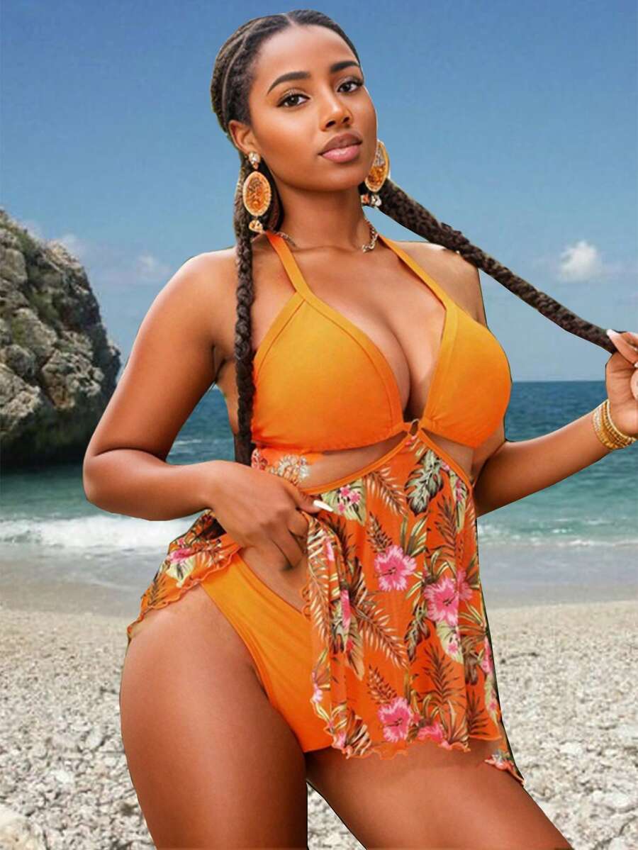 2024 European And American Plus Size Orange Tankini Set Set That Flatters Your Body Summer - Orange - View 1