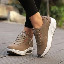 Women Fashion Casual Wedge Sneakers, Graffiti Pattern Sports Casual Shoes, PU Lace-Up Outdoor Walking Shoes