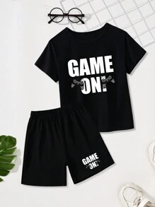 2 件套年轻男孩标语印花 T 恤和短裤 - 黑色 - 查看 3