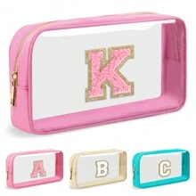 Geantă de machiaj cu scrisoare inițială personalizată, transparentă, cu plasture de chenille A-Z, geantă cosmetică din nailon Preppy cu fermoar, omologat TSA, transparentă, impermeabilă, pentru toaletă, pentru femei, fete, organizator pentru machiaj.