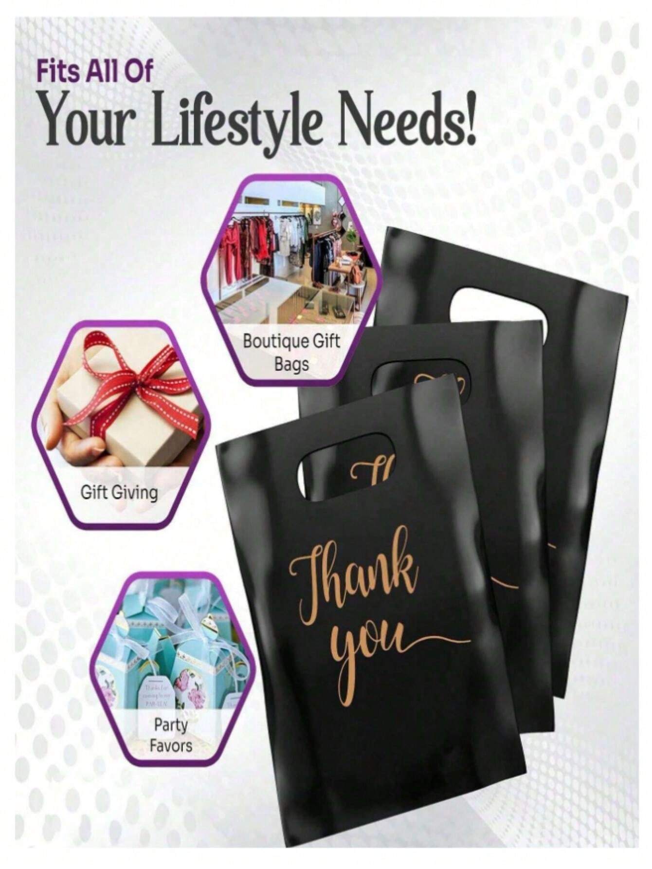 100pcs Thank You Party Favor Bags, Simple Black Plastic Gift Bags With