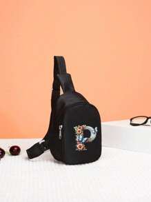1pc Mini Unisex Kids Nylon Zipper Letter Chest Bag, Multifunctional Casual Pouch, Suitable For Daily Use - Black - View 5