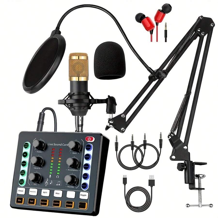 Podcast Equipment Bundle, V8s Audio Interface With All In One Live Sound Card And BM800 Condenser Microphone, Podcast Microphone, Perfect For Recording, Live Streaming - Black - View 1
