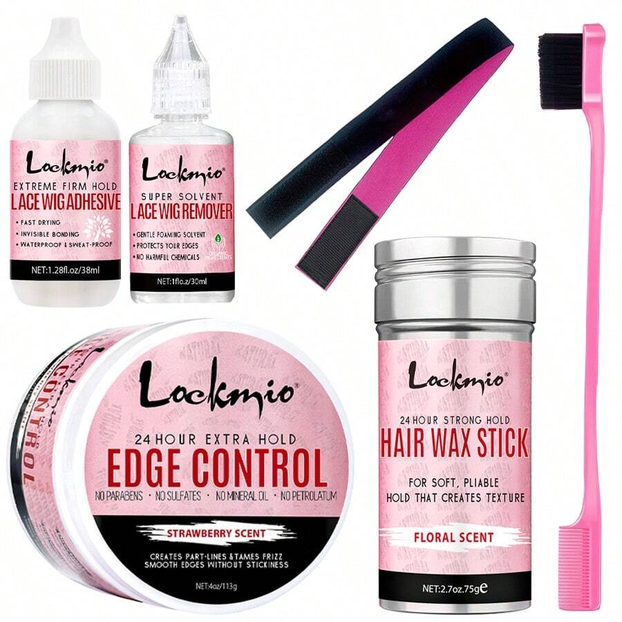 6件套假发套装，包含：38毫升蕾丝前假发胶水、30毫升假发胶带去除剂、113克造型啫喱、75克发蜡棒、双面边缘刷、蕾丝融合弹性发箍