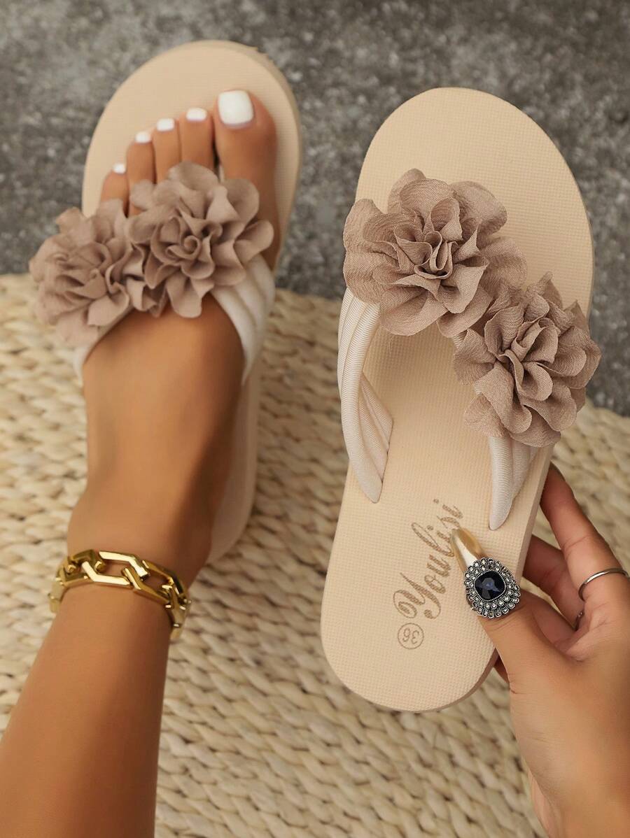 Summer New Arrival Thick-Soled Slippers, Outdoor Lightweight Comfortable Flip-Flops, Solid Color, Large Size 36-45, Floral Beach Sandals - Khaki - View 1