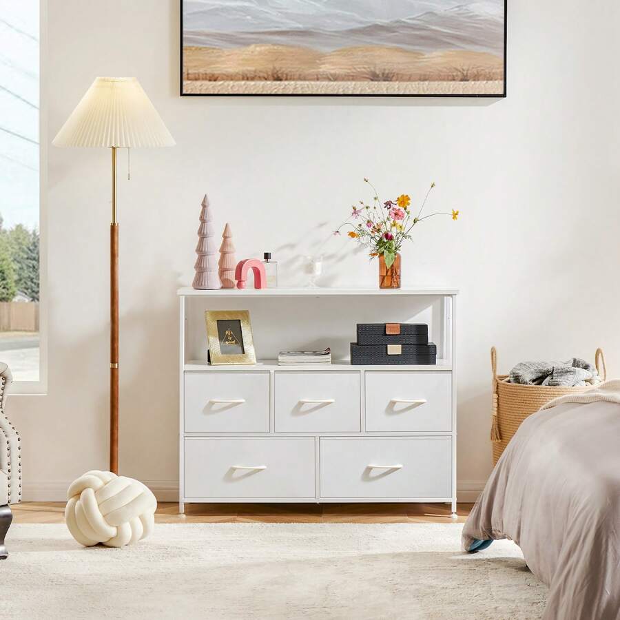 Sweetcrispy Dresser For Bedroom Chest Tower With Easy Pull Fabric Bins, Stand Organizer Storage For Living Room Closet Hallway, Wooden Top Sturdy Steel Frame - trắng - Xem 1