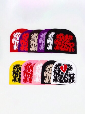 1頂心形提花針織帽，男女適用情侶冬季保暖帽，由聚酯纖維製成，時尚針織帽