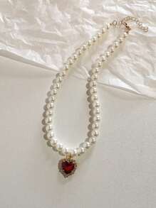1 pieza Collar de gargantilla Kpop vintage con colgante de corazón en cadena de perlas y circonias para mujer, joyería estética de fiesta regalo de Navidad caliente