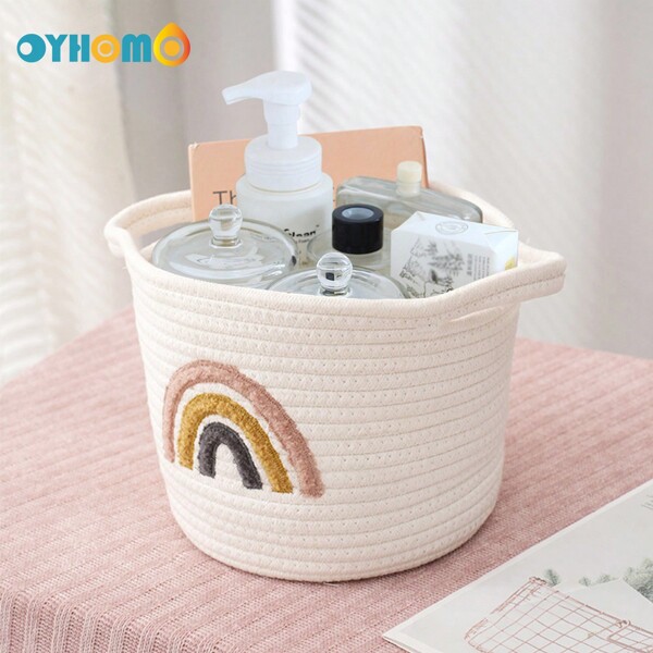 OYHOMO OYHOMO 1pc Rainbow Storage Basket White Rope Basket Small Woven Shelf Basket Home Decorative Storage Box For Bedroom, Bathroom, Living Room