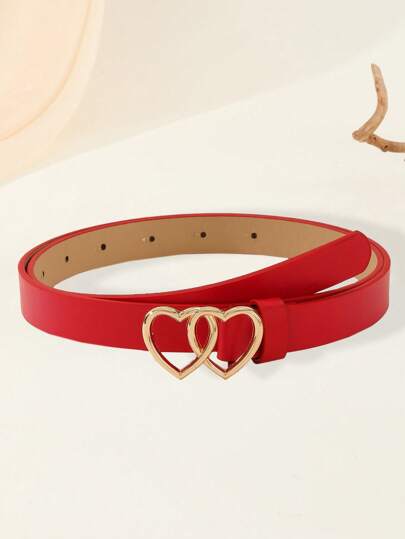 1pc Stylish PU Double Heart Buckle Waist Belt, Versatile For Four Seasons Romantic Casual Outfits, New Summer Fashion Summer, School Fall, Autumn, Halloween