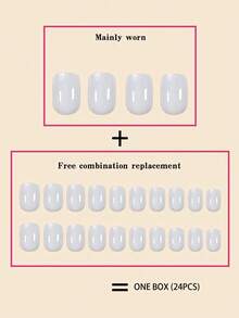 Juego de 24 uñas cortas y sencillas de color crema gris sólido + 1 gel de jalea + 1 lima de uñas - Gris Claro - Ver 3