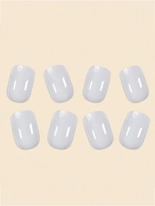 Juego de 24 uñas cortas y sencillas de color crema gris sólido + 1 gel de jalea + 1 lima de uñas - Gris Claro - Ver 4