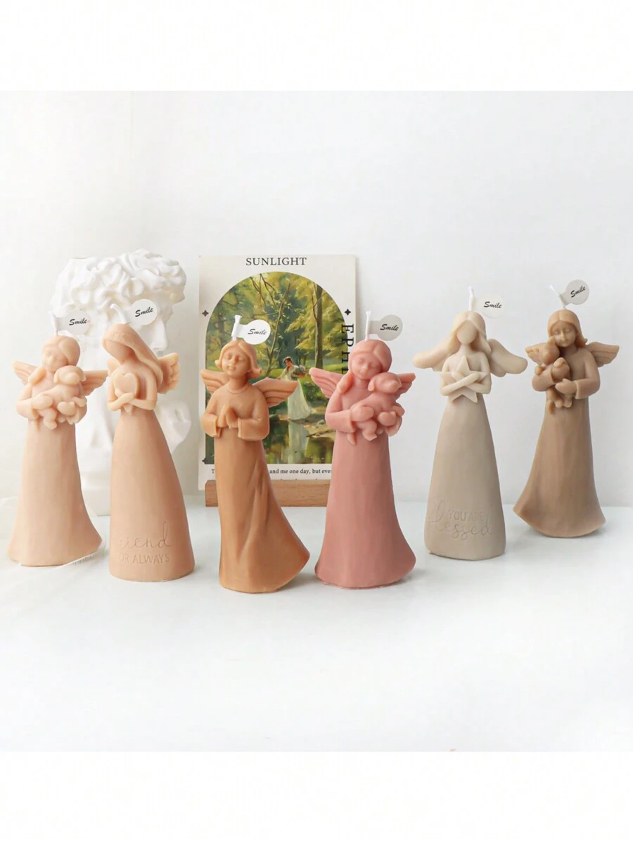 矽膠祈禱天使蠟燭模具，翅膀花仙子三維女孩握著心形香薰蠟燭石膏樹脂模具 - 駝色 - 查看 1