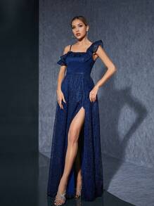 Embroidered Lace Asymmetrical Collar Ruffle Edge High-End Bridesmaid Dress With Front Slit Opening - Navy Blue - View 1