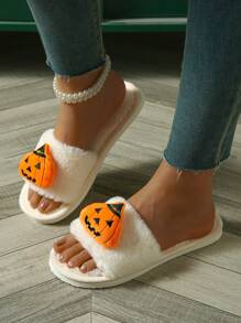 Cute And Funny Cartoon Pumpkin Indoor Slippers For Halloween, Men's Open Toe Slippers And Women's Furry Floor Slippers