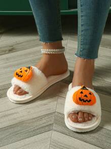 Cute And Funny Cartoon Pumpkin Indoor Slippers For Halloween, Men's Open Toe Slippers And Women's Furry Floor Slippers