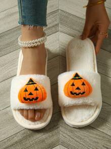 Cute And Funny Cartoon Pumpkin Indoor Slippers For Halloween, Men's Open Toe Slippers And Women's Furry Floor Slippers