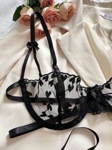 Conjunto de lencería sexy para mujer, sujetador transparente de 2 piezas con bordado de corazón negro clásico, íntimo, adecuado para luna de miel, club nocturno, cita