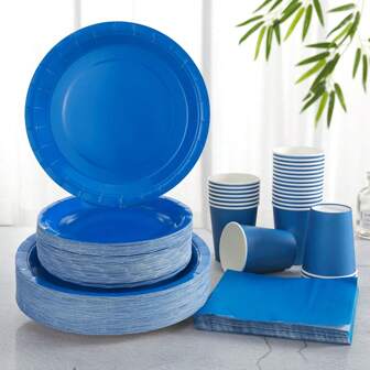 Blue Disposable Dinner Plates And Napkins, Party Supplies For 24 Guests. Perfect For Birthday, Wedding, Party And Family Picnic,Christmas