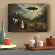 Impresión de arte en lienzo "Quirky" de OVNI y paisaje victoriano - Decoración de pared divertida de alienígena , póster moderno/clásico sin marco para sala de estar, dormitorio, oficina en casa - Multicolor - Ver 4