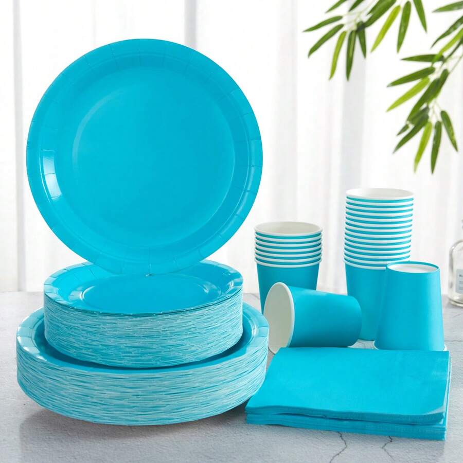 Bộ đồ ăn dùng một lần màu xanh nhạt, bao gồm đĩa và khăn ăn, phù hợp cho 24 khách, hoàn hảo cho sinh nhật, đám cưới, tiệc tùng và dã ngoại gia đình, Giáng sinh - Nhiều màu - Xem 1
