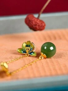 1 对中国风绿莲花流苏仿玉耳环，时尚优雅，适合女性日常佩戴、度假、派对佩戴、节日礼物 - 綠色 - 查看 4