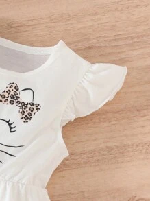 Set de 3 bucăți pentru fete tinere, cu mâneci tip șapcă leopard, cu model de pisică