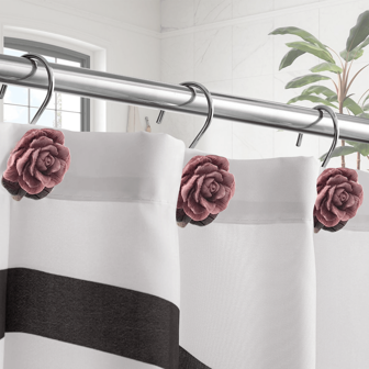 12个树脂玫瑰装饰浴帘挂钩，防锈金属材质，适用于浴室和客厅