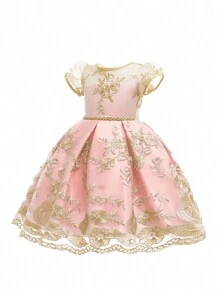 Girls' Embroidered Birthday Party Flower Girl Wedding Dress Princess Gown, Suitable For Wedding, Party, Evening, Does Not Include Headband