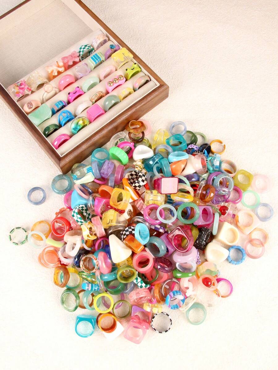 30 Pcs Random Style Y2K Colorful Chunky Resin Acrylic Rings Set For Women - Multicolor Fashion Ring Set - View 1