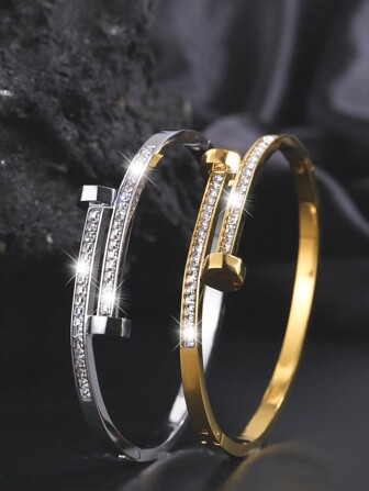 Camhanno 1pc Vintage Stainless Steel Double-Headed Diamond Bracelet For Daily Holiday Gifts