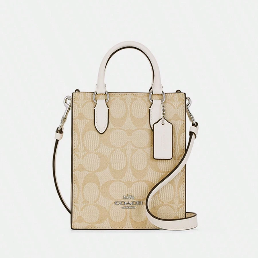 Coach Bolso de mano y bandolera North South Mini Tote de lona con firma para mujer CJ494 SIGHA - Caqui - Ver 1