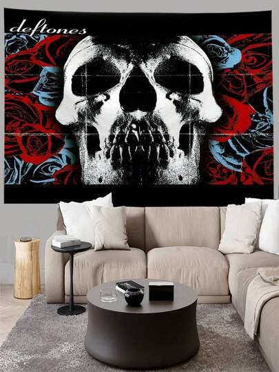 1 pieza Tapiz con estampado de calavera y rosa, de fibra de poliéster moderno y cuadrado, usado para decoración de habitación, sala de estar, dormitorio, bandera para habitación, decoración de pared, arte de pared, decoración de habitación, banderas para habitación, decoración del hogar, tapiz de pared