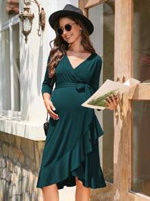 Women's Maternity Dress Solid 3/4 Sleeves Ruffled Hem With Belt Midi Dress - 墨綠色 - 查看 4