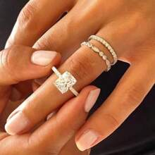 1 pieza Nuevo Juego de Tres Anillos de Diamante para Mujer, Conjunto de Anillo de Compromiso con Adorno de Diamante Cuadrado Clásico para Propuesta de Matrimonio - Plateado - Ver 5