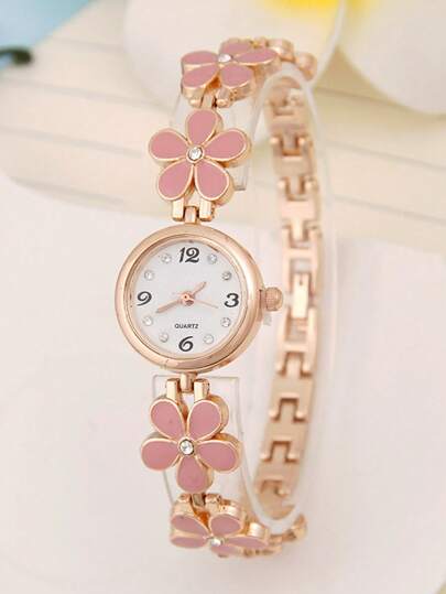 1 Stück/Set modische minimalistische niedliche Blumen Zifferblatt Arabische Ziffern Quarz Stahl Armbanduhr, geeignet als Geburtstagsgeschenk, Halloween Geschenk etc.