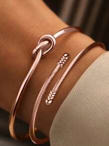2pcs Fashionable Vintage Braided & Twisted Texture Stainless Steel Open Cuff Bracelet For Women's Everyday Wear