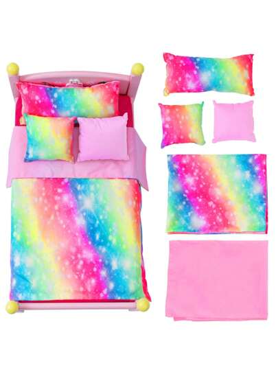16-18 Inch Fashionable Starry Sky Colorful 5pcs Home Textile Set For American Girl Dolls, Includes Bedding, Sleeping Bag, Pad (Doll Not Included)