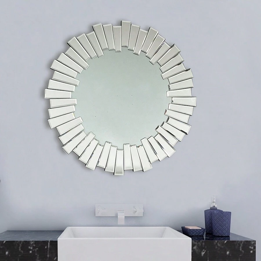 1 oglindă decorativă de perete 60x60cm, oglindă rotundă cu model clasic de soare argintiu, potrivită pentru sufragerie, dormitor, baie, decor pentru casă, cadou de ziua de naștere și absolvire