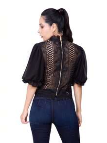 Blusa de Encaje Manga de campana 3/4 con Olanes Ultra Ligera Cuello de Encaje - Negro - Ver 4