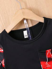 2pcs Young Boy Red Lightning Print Short Sleeve T-Shirt And Shorts Set - Comfy And Stretchable Outfit For Children